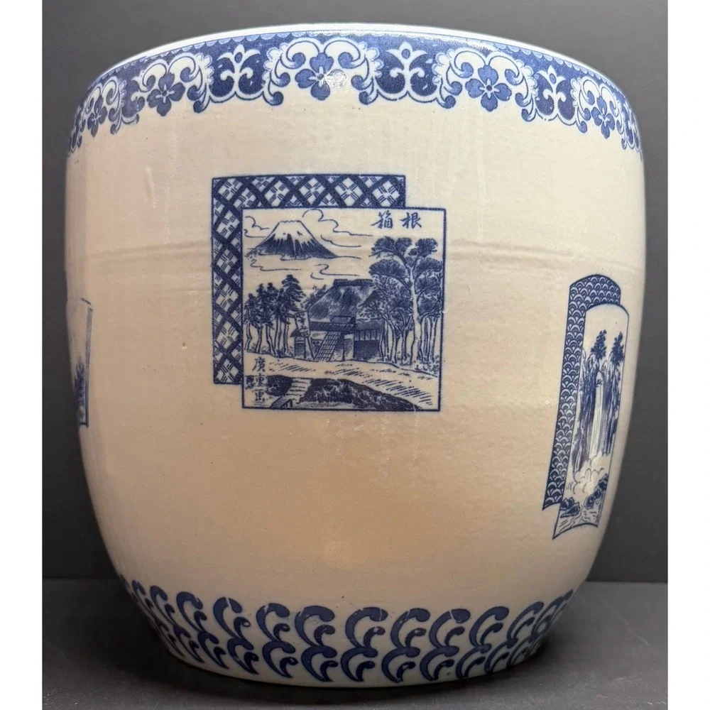 Vintage Japanese Blue and White Ceramic Planter Mount‎ Fuji Landscape Fishbowl